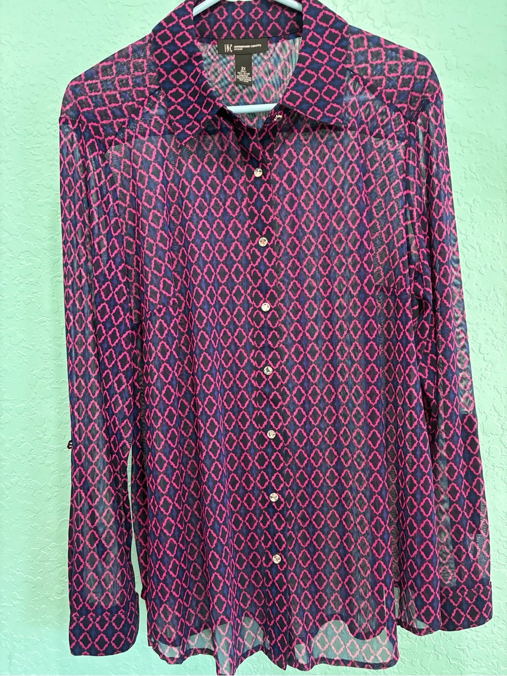 INC International Concepts blue Fuchsia Geometric Button-Up Blouse 2X plus sheer